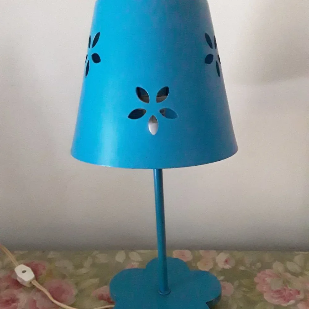 Vintage Steel Electric Lamp on Wooden Base - Blue
